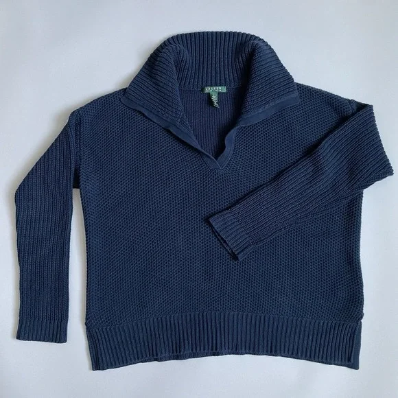 Lauren‎ Ralph Lauren Shawl Collar Fisherman Knit Sweater Navy Blue Size L Large - Picture 2 of 16